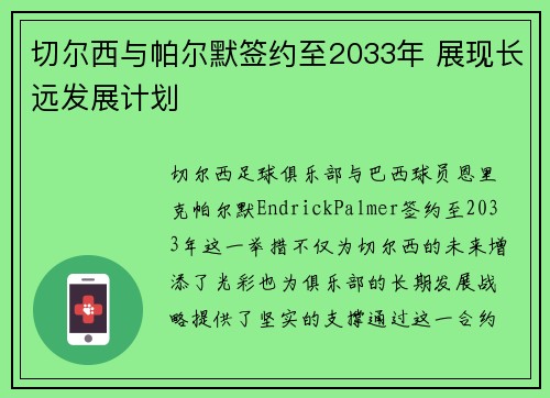 切尔西与帕尔默签约至2033年 展现长远发展计划