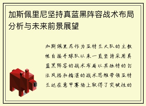 加斯佩里尼坚持真蓝黑阵容战术布局分析与未来前景展望